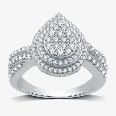 Womens 3/4 CT. T.W. Natural White Diamond Sterling Silver Pear Halo Side Stone Cocktail Ring