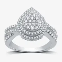 Womens 3/4 CT. T.W. Mined White Diamond Sterling Silver Pear Halo Side Stone Cocktail Ring