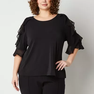 Bold Elements Plus Womens Round Neck Elbow Sleeve Blouse