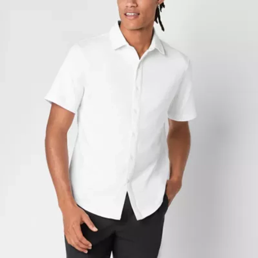 Stylus Mens Regular Fit Short Sleeve Knit Button-Down Shirt
