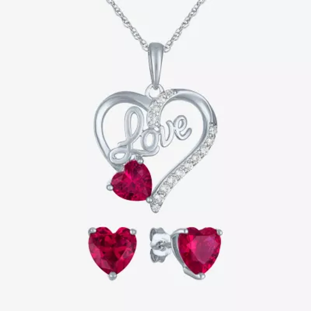 Lab Created Red Ruby Sterling Silver Heart Jewelry Set