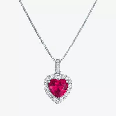 Womens Lab Created Red Ruby Sterling Silver Heart Pendant Necklace