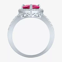 Womens Lab Created Red Ruby Sterling Silver Heart Halo Side Stone Cocktail Ring