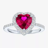 Womens Lab Created Red Ruby Sterling Silver Heart Halo Side Stone Cocktail Ring