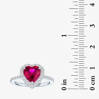 Womens Lab Created Red Ruby Sterling Silver Heart Halo Side Stone Cocktail Ring