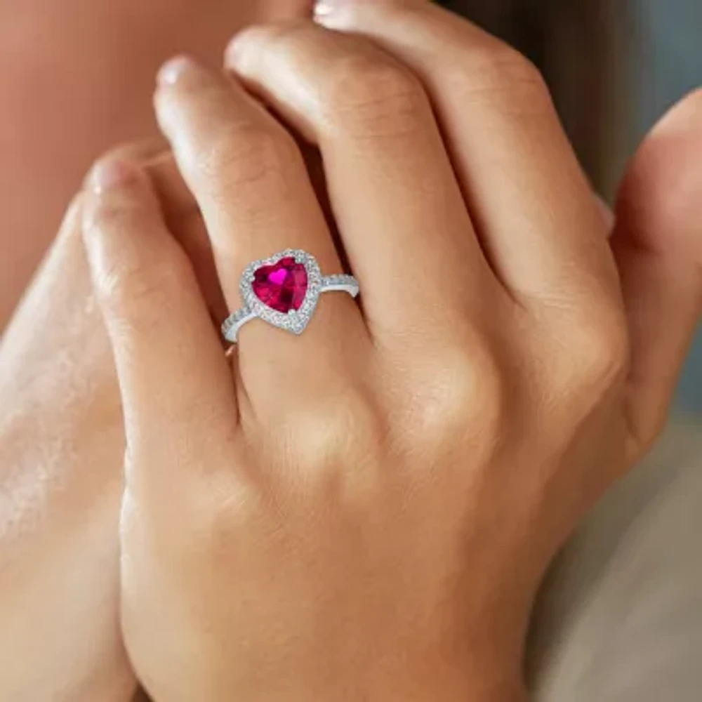 Womens Lab Created Red Ruby Sterling Silver Heart Halo Side Stone Cocktail Ring