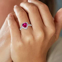 Womens Lab Created Red Ruby Sterling Silver Heart Halo Side Stone Cocktail Ring