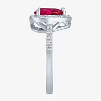 Womens Lab Created Red Ruby Sterling Silver Heart Halo Side Stone Cocktail Ring