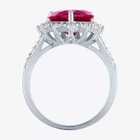 Womens Lab Created Red Ruby Sterling Silver Heart Halo Side Stone Cocktail Ring