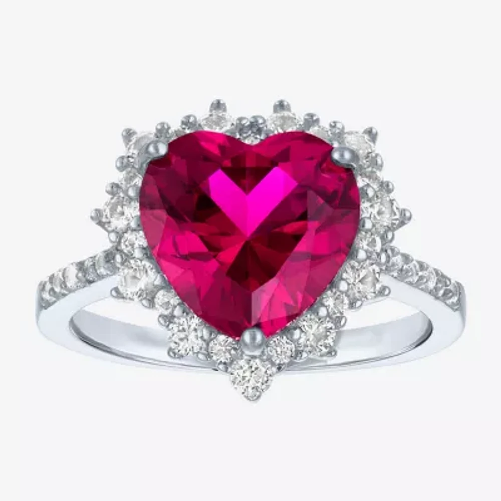 Womens Lab Created Red Ruby Sterling Silver Heart Halo Side Stone Cocktail Ring