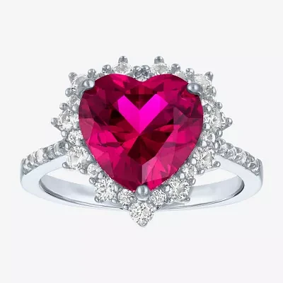 Womens Lab Created Red Ruby Sterling Silver Heart Halo Side Stone Cocktail Ring