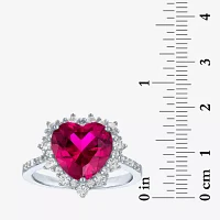 Womens Lab Created Red Ruby Sterling Silver Heart Halo Side Stone Cocktail Ring