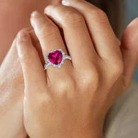 Womens Lab Created Red Ruby Sterling Silver Heart Halo Side Stone Cocktail Ring