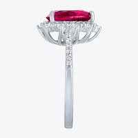 Womens Lab Created Red Ruby Sterling Silver Heart Halo Side Stone Cocktail Ring