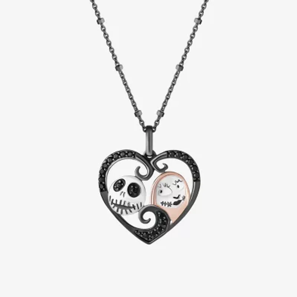 Disney Jewels Collection Womens 1/5 CT. Natural Black Diamond 14K Rose Gold Over Silver Sterling Silver Heart Nightmare Before Christmas Pendant Necklace