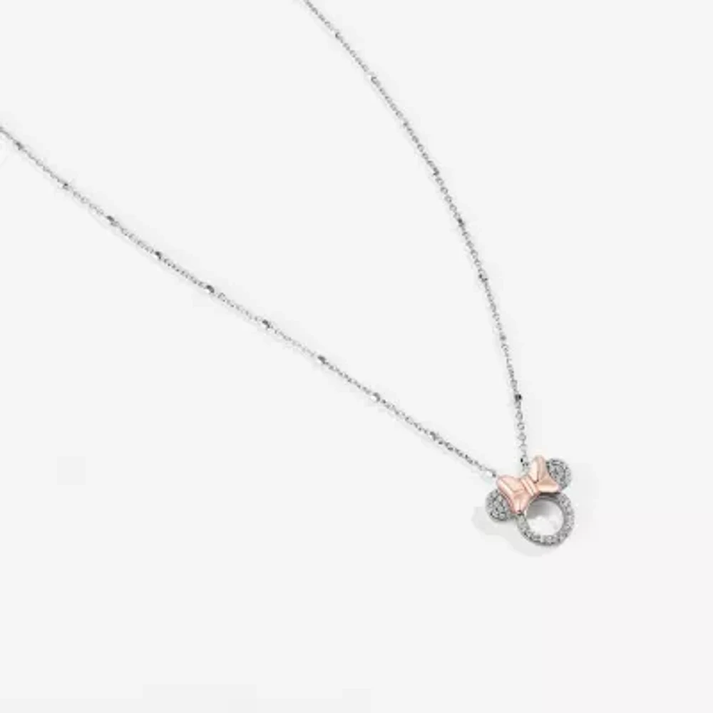 Disney Jewels Collection Womens 1/10 CT. T.W. Natural White Diamond 14K Rose Gold Over Silver Sterling Silver Bow Mickey and Friends Minnie Mouse Pendant Necklace