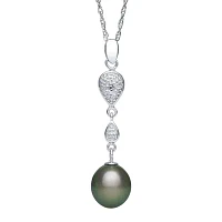 Genuine Tahitian Pearl and Diamond-Accent Linear Drop Pendant Necklace