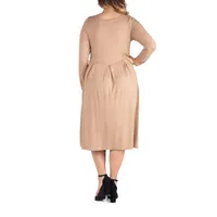 24seven Comfort Apparel Plus Long Sleeve Midi Fit + Flare Dress