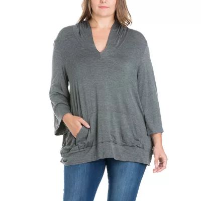 24seven Comfort Apparel Plus Womens Hooded 3/4 Sleeve Tunic Top