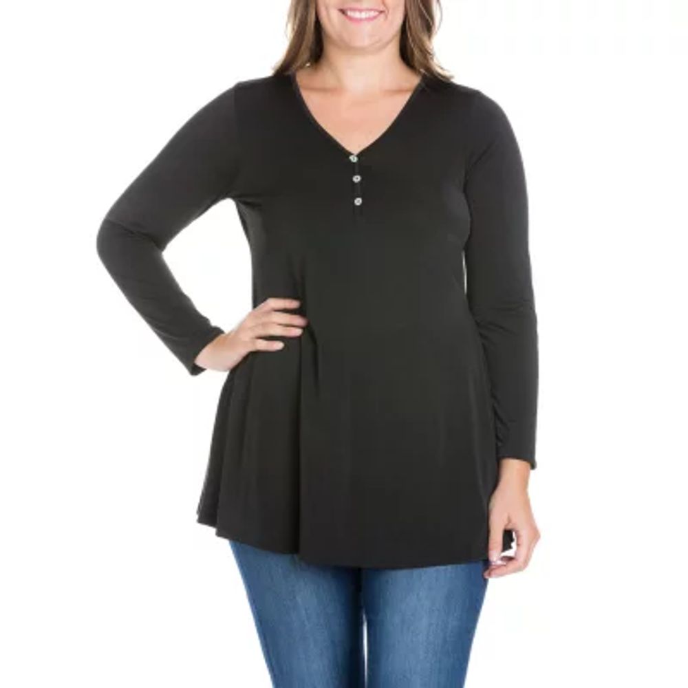 24seven Comfort Apparel Plus Womens Henley Neck Long Sleeve Tunic Top