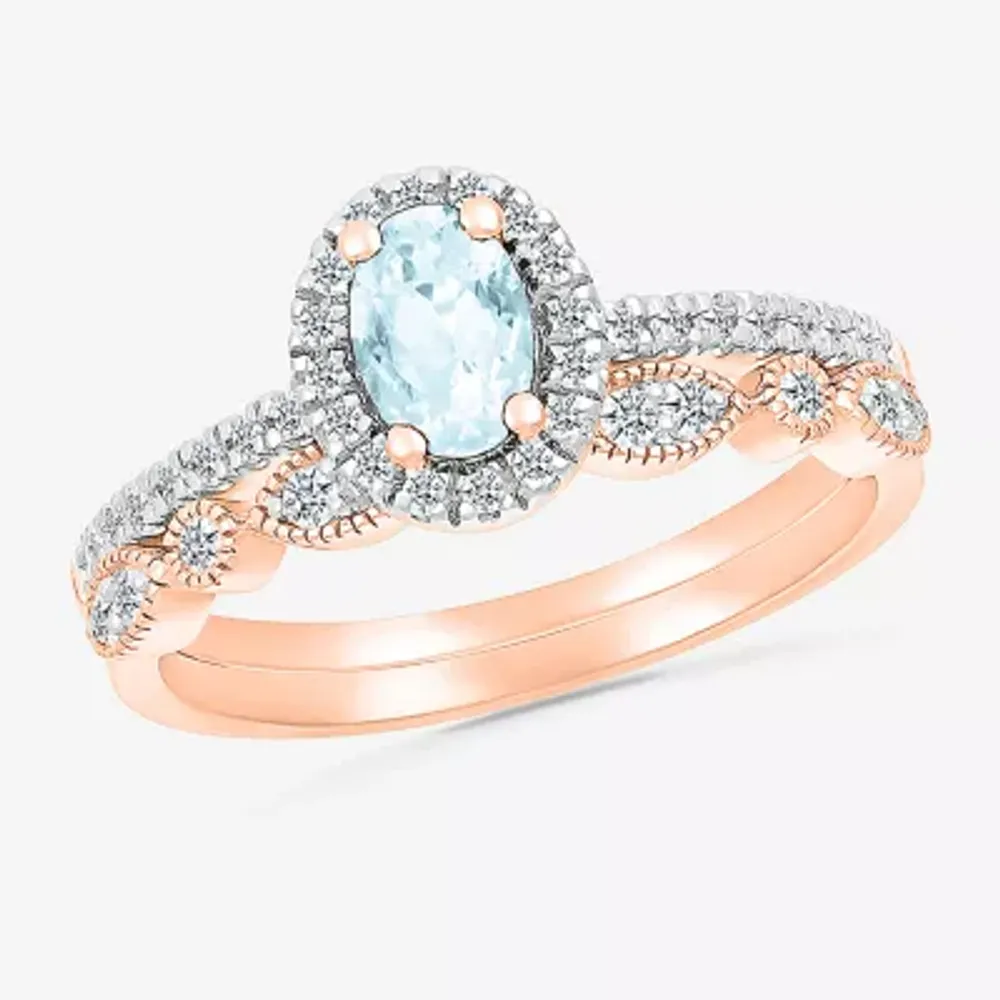 Modern Bride Gemstone Womens Genuine Blue Aquamarine 14K Rose Gold Oval Bridal Set