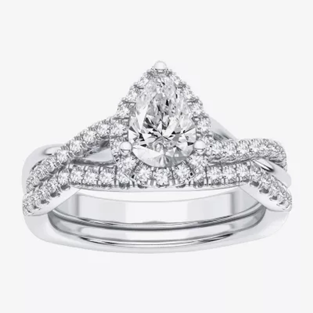 Signature By Modern Bride (H-I / Si1-Si2) Womens 1 1/5 CT. T.W. Lab Grown White Diamond 14K Gold Pear Side Stone Halo Bridal Set