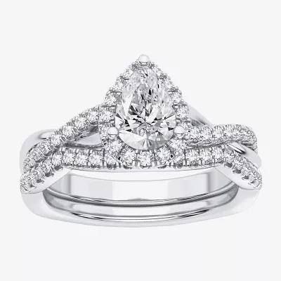 Signature By Modern Bride (H-I / Si1-Si2) Womens 1 1/5 CT. T.W. Lab Grown White Diamond 14K Gold Pear Side Stone Halo Bridal Set