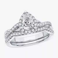 Signature By Modern Bride (H-I / Si1-Si2) Womens 1 1/5 CT. T.W. Lab Grown White Diamond 14K Gold Pear Side Stone Halo Bridal Set