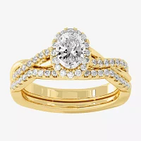 Signature By Modern Bride (H-I / Si1-Si2) Womens 1 1/5 CT. T.W. Lab Grown White Diamond 10K Gold Oval Side Stone Halo Bridal Set