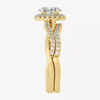 Signature By Modern Bride (H-I / Si1-Si2) Womens 1 1/5 CT. T.W. Lab Grown White Diamond 10K Gold Oval Side Stone Halo Bridal Set