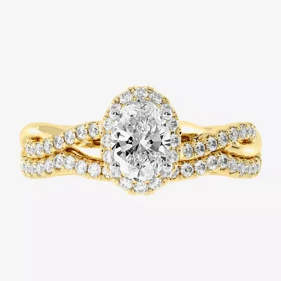 Signature By Modern Bride (H-I / Si1-Si2) Womens 1 1/5 CT. T.W. Lab Grown White Diamond 10K Gold Oval Side Stone Halo Bridal Set