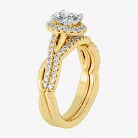 Signature By Modern Bride (H-I / Si1-Si2) Womens 1 1/5 CT. T.W. Lab Grown White Diamond 10K Gold Oval Side Stone Halo Bridal Set