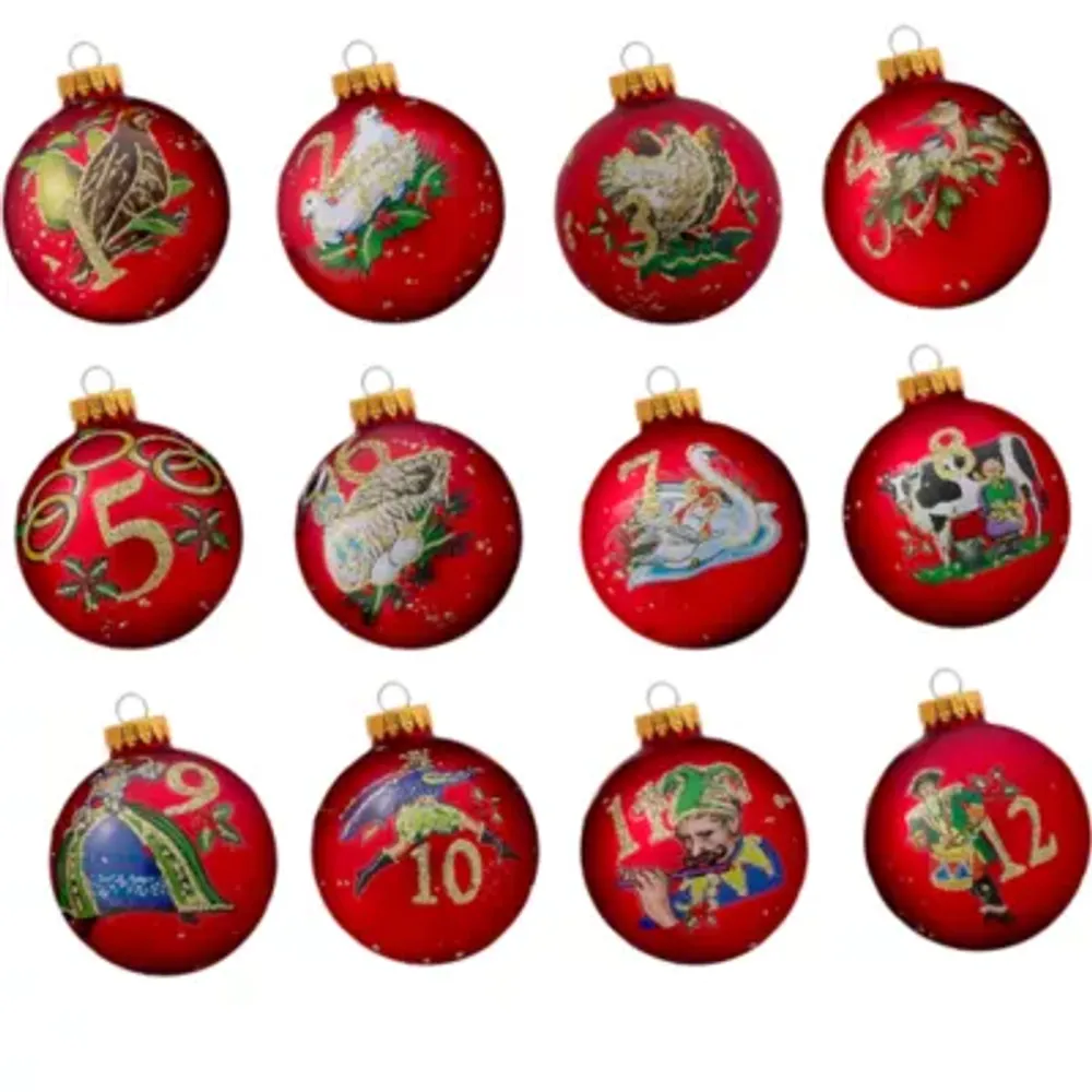 Kurt Adler 65MM Twelve Days Of Christmas Decorative Glass Ball Ornaments, 12-Piece Box Set