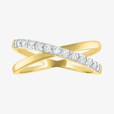 (G-H / Si2-I1) Womens 1/3 CT. T.W. Lab Grown White Diamond 10K Gold Crossover Cocktail Ring