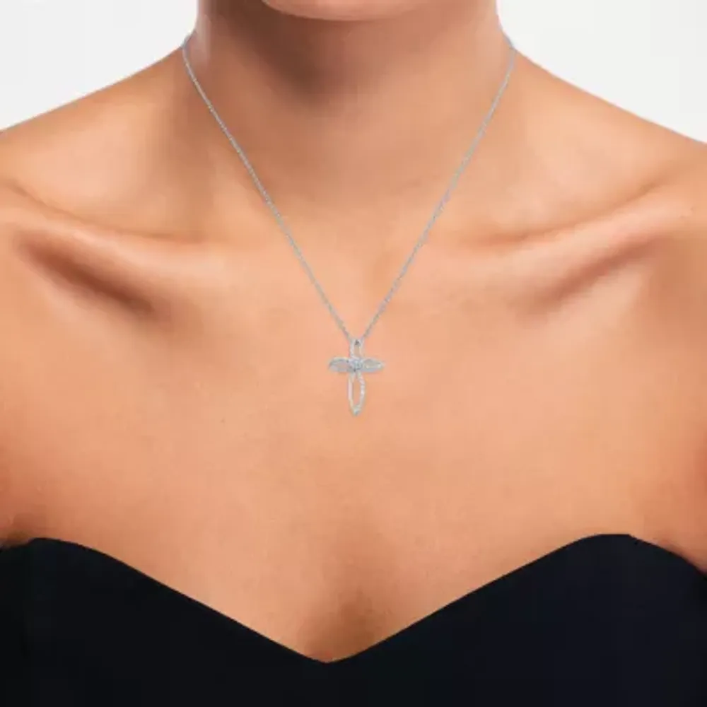 Center Box Cut Cross Necklace Sterling Silver - 18