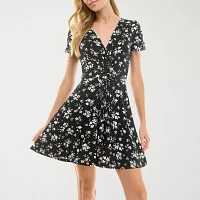 City Triangle Womens Short Sleeve Floral Fit + Flare Dress Juniors