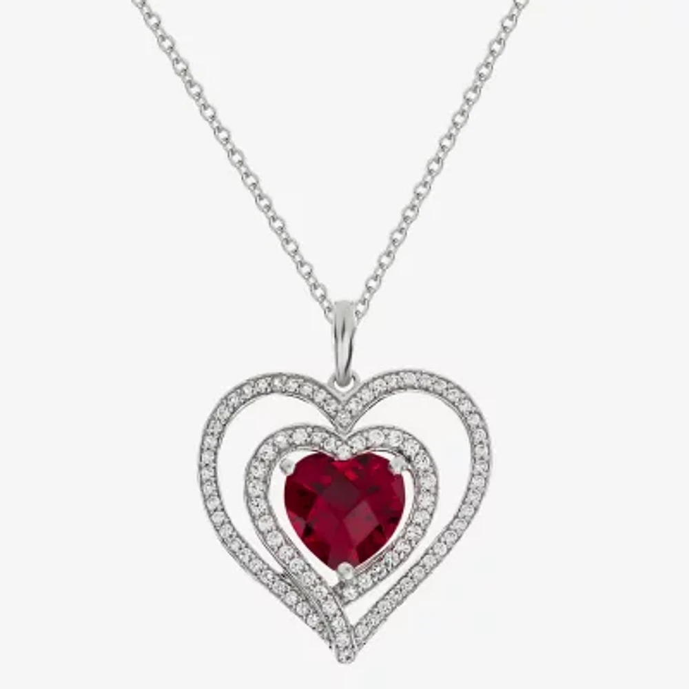 Womens Lab Created Red Ruby Sterling Silver Heart Pendant Necklace