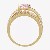 Womens Lab Created Pink Sapphire 14K Gold Over Silver Heart Crossover Side Stone Cocktail Ring