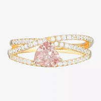 Womens Lab Created Pink Sapphire 14K Gold Over Silver Heart Crossover Side Stone Cocktail Ring