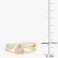 Womens Lab Created Pink Sapphire 14K Gold Over Silver Heart Crossover Side Stone Cocktail Ring