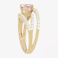 Womens Lab Created Pink Sapphire 14K Gold Over Silver Heart Crossover Side Stone Cocktail Ring