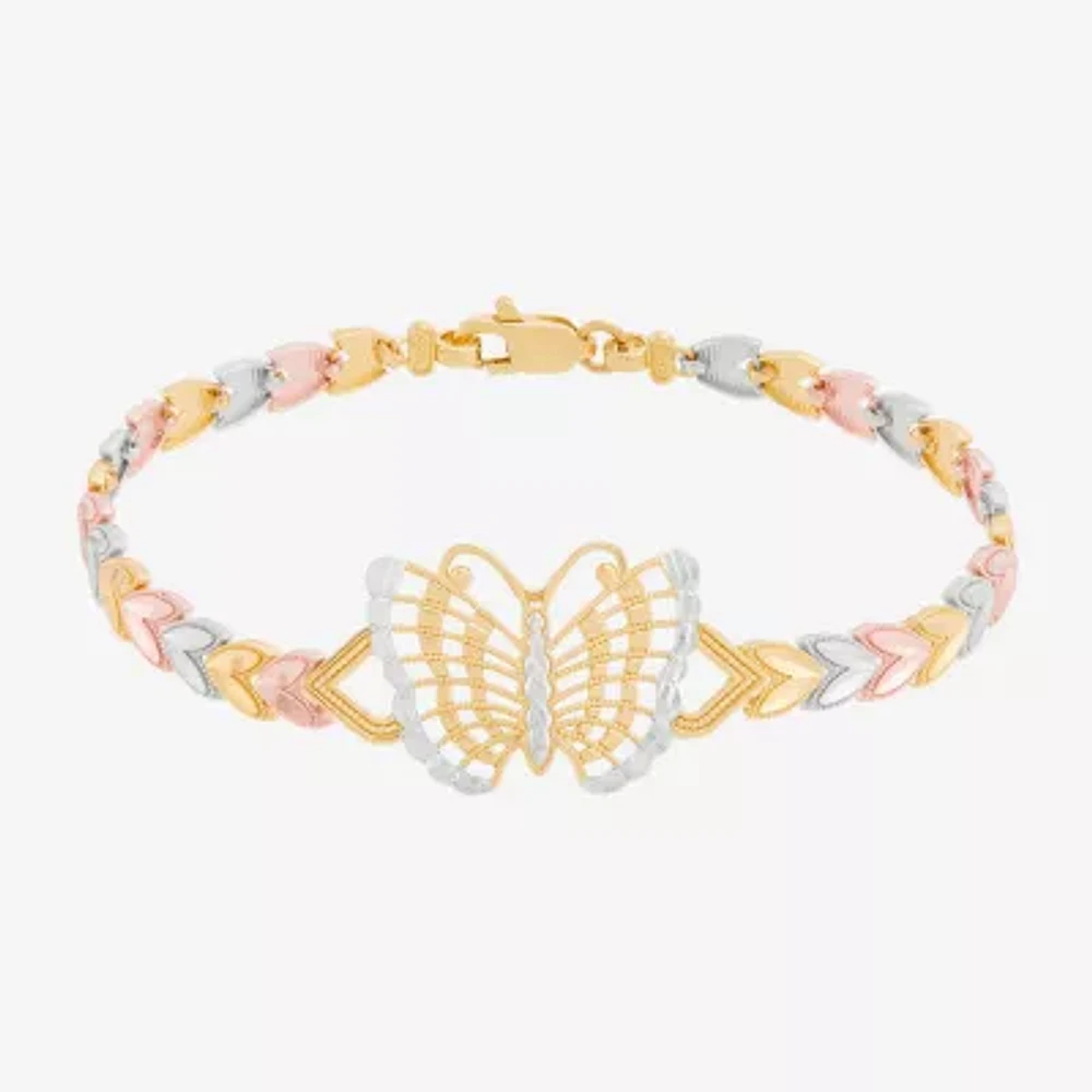 14K Tri-Color Gold 7.5 Inch Solid Link Butterfly Link Bracelet