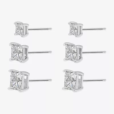 Diamonart White Cubic Zirconia Sterling Silver Square 3 Pair Earring Set