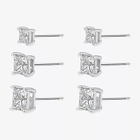 Diamonart White Cubic Zirconia Sterling Silver Square 3 Pair Earring Set