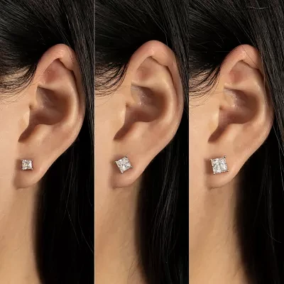 Diamonart White Cubic Zirconia Sterling Silver Square 3 Pair Earring Set