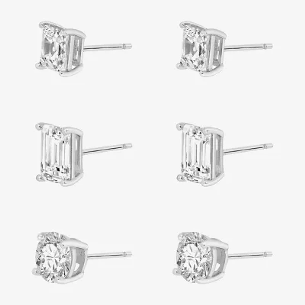 Diamonart White Cubic Zirconia Sterling Silver 3 Pair Earring Set