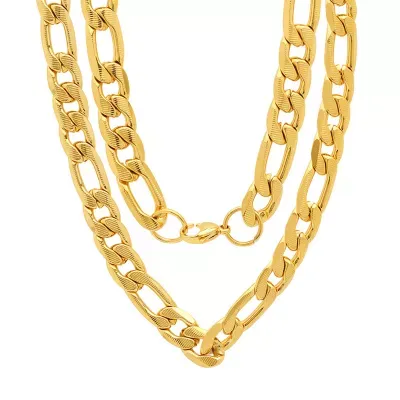 18K Gold Over Stainless Steel 24 Inch Semisolid Figaro Chain Necklace