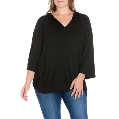 24seven Comfort Apparel Plus Womens Hooded 3/4 Sleeve Tunic Top