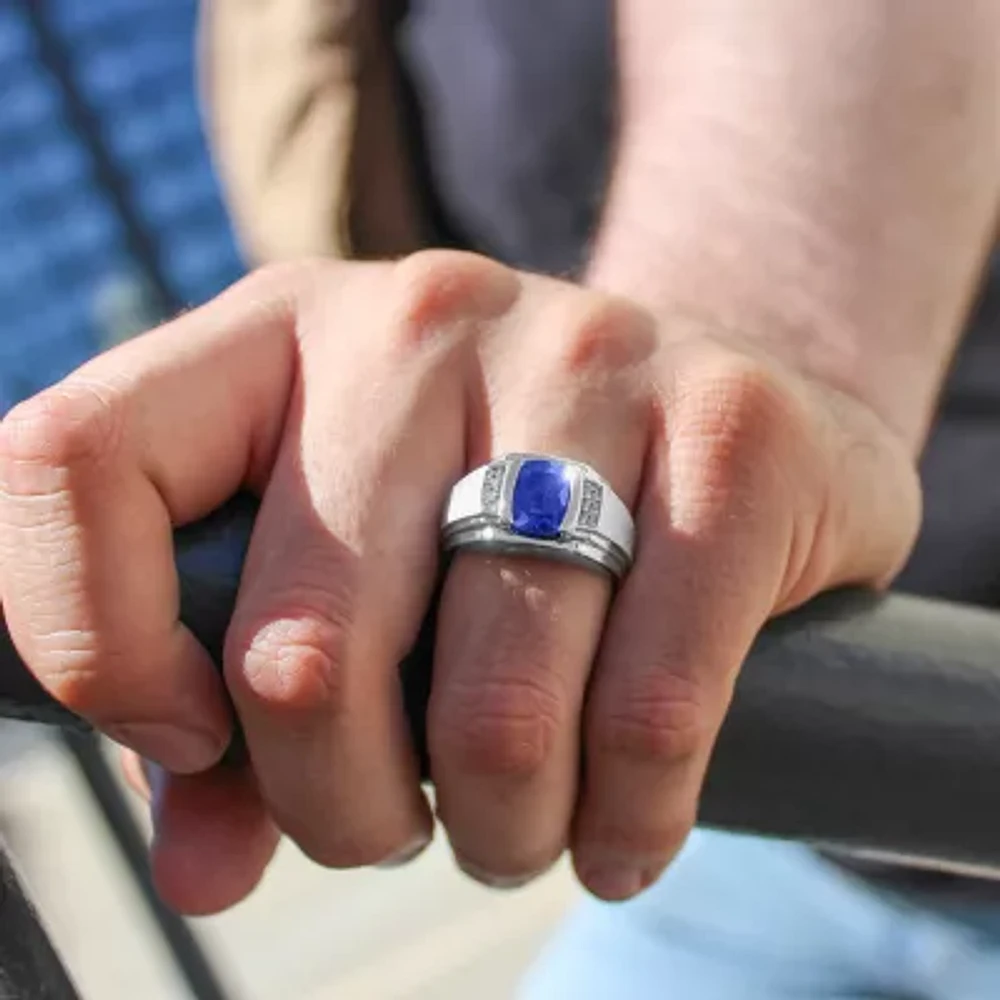 Mens Sterling Silver Lab Created Cushion Cut Blue Sapphire Ring