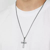 Mens Color-Enhanced Blue Diamond-Accent Stainless Steel Cross Pendant Necklace